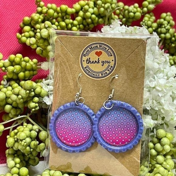 Gradient Purple Bottle Cap Retro 60's Dangle Fish-hook Earrings Handcrafted - Picture 1 of 4